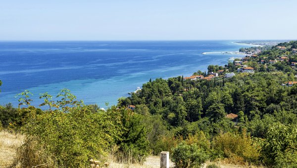 Maisons dans un paysage de brousse verdoyant au bord d'une mer d'un bleu profond.